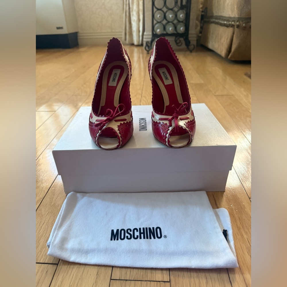 Moschino Red and White Peep Toe Heels